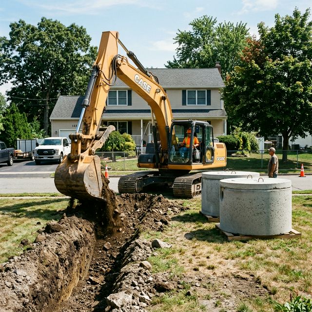 Equipment working on a septic installation in a residential neighborhood